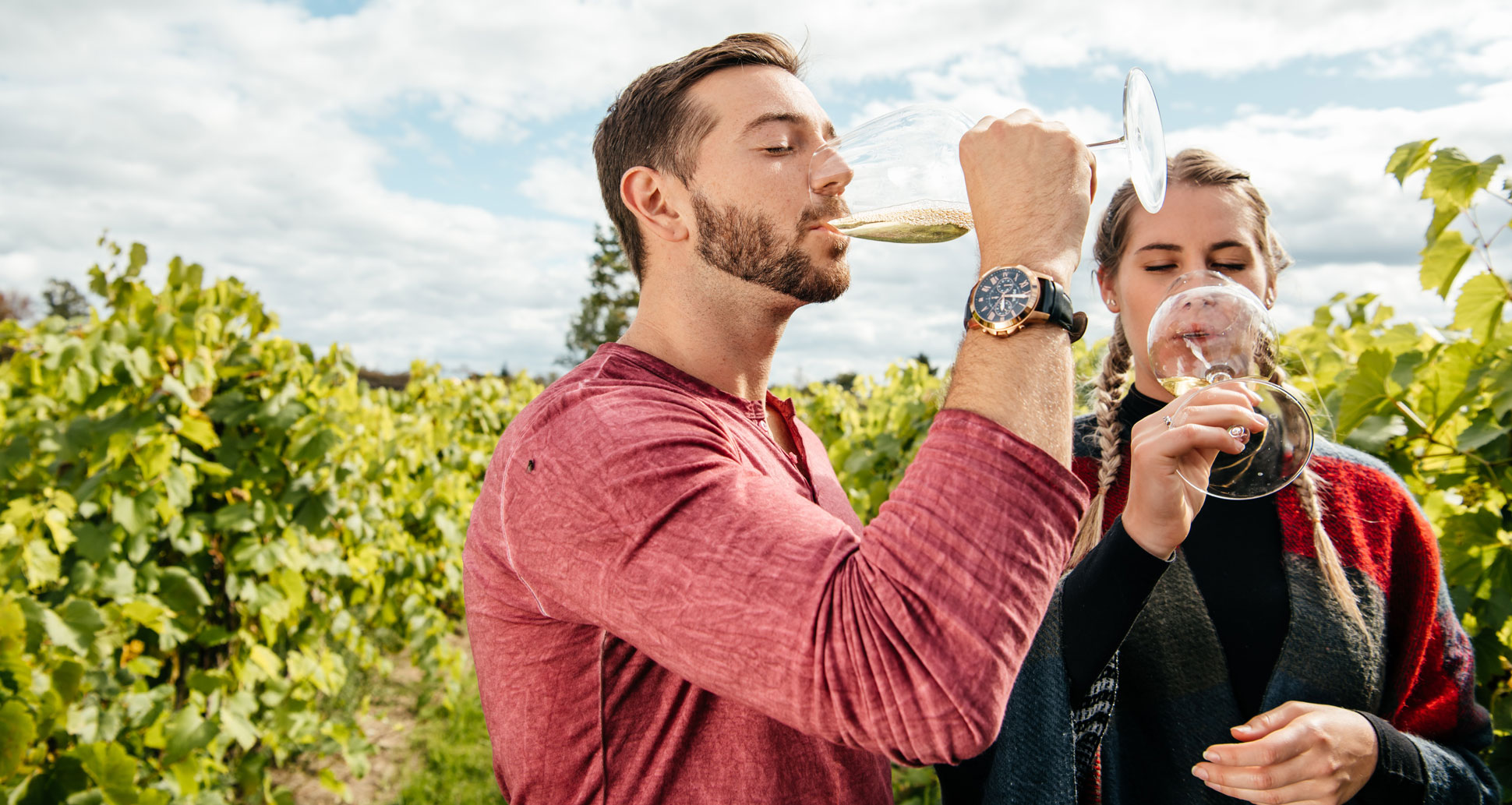 Man and a woman enjoying a glass of wine within a vineyard