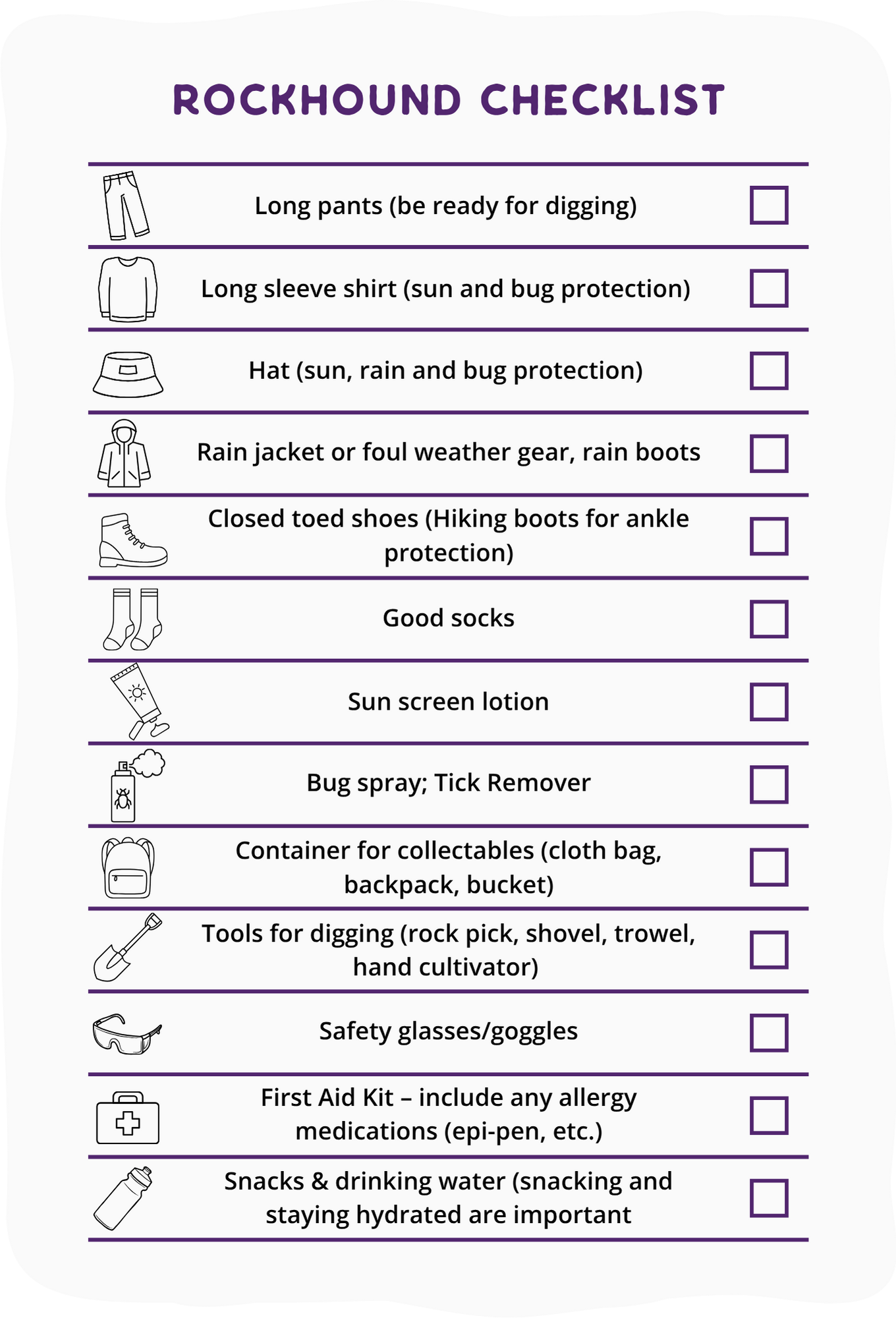 Rockhounding checklist, icons with a list of items people should bring when going rockhounding.