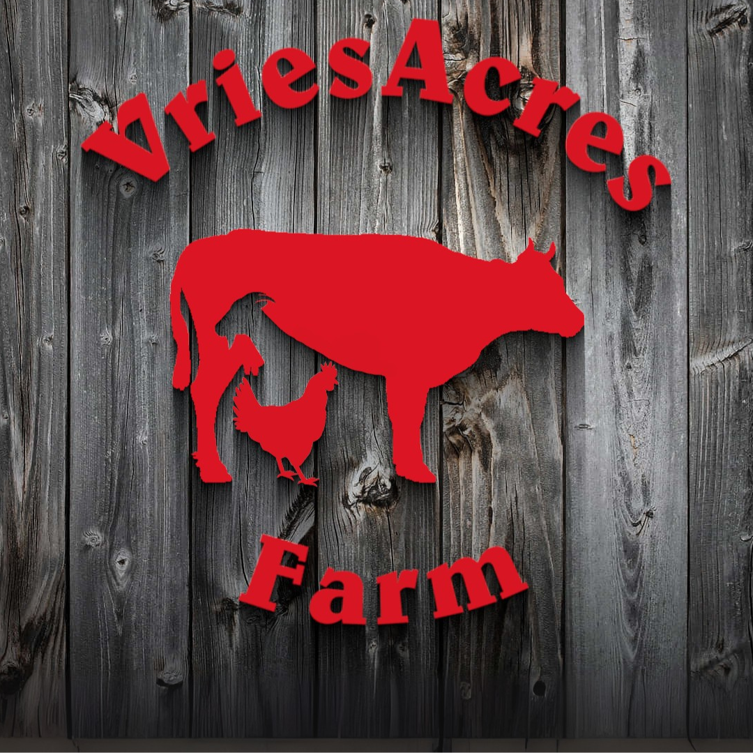 Vries Acres Logo. Red writing on a black wood background. Image includes silhouette  of a cow, goat and chicken. 