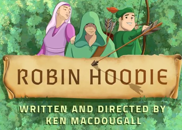Robin Hoodie Poster. Cartoon image of three people with arrow on a green background.