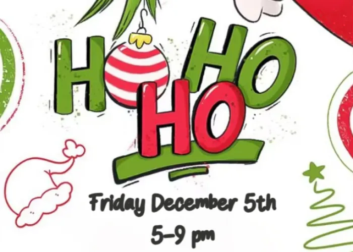 Tweed Outdoor Holiday Market Poster. The poster features a drawing of a green hand with a red sleeve holding a decorative bulb. The wording says HO HO HO, Friday December 5th, 5 pm - 9pm. 