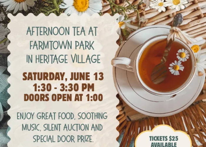 Event details, white tea cup and saucer full of tea with spoon and daisy's inside