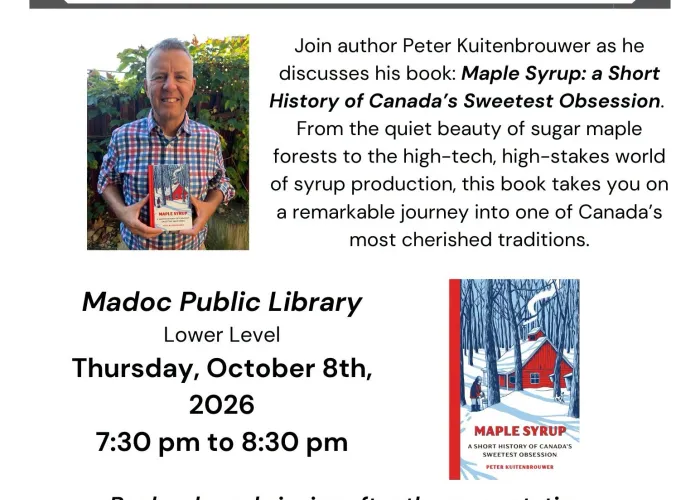White background, photo of Peter Kuitenbrouwer holding his book standing outside, image of book on bottom right, event details in black writing, library logo at top of page