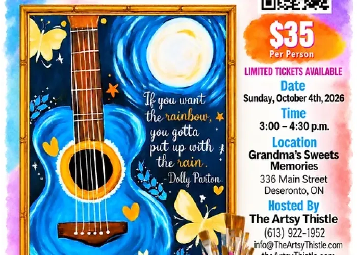 AI poster, example of painting with guitar, moon and butterflies, colourful background, event details, qr code, image of paintbrushes in jar on side