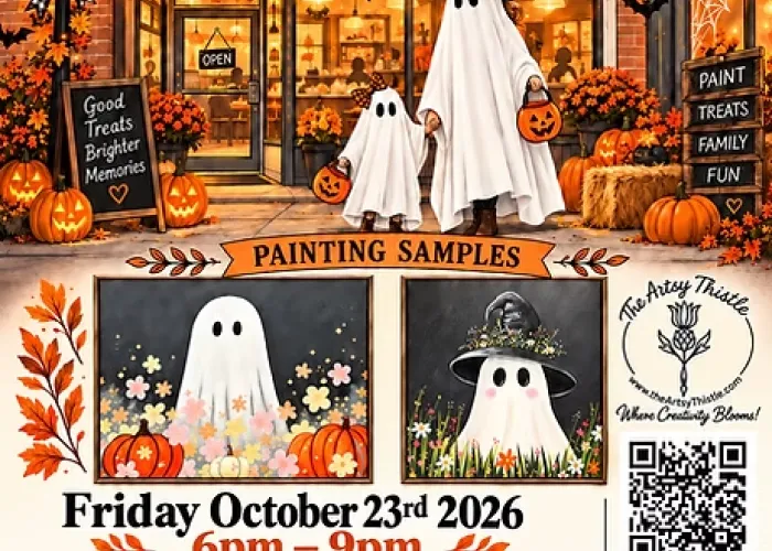 AI poster, image of Grandma's sweet memories storefront decorated with fall and halloween decor, jack o lanterns, leaf garlands, signs, on top of poster, on bottom, two images of ghost paintings and event details