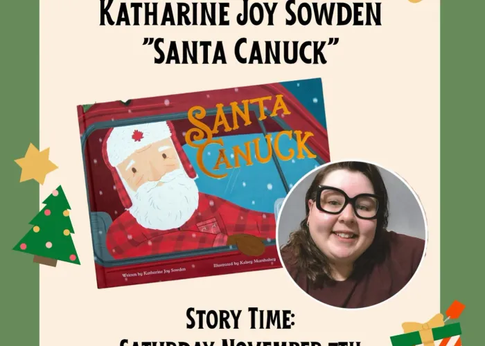 Green border, cream background, photo of author Katharine Joy Sowen and her book, images of christmas tree, paper clip, wrapped present and event details over a cartoon note pad