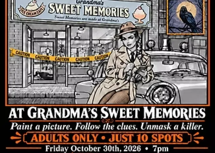 Black background, AI image of grandma's sweet memories storefront with caution tape in front, detective leaning against vehicle in front, painting of raven in corner, event details above and below image