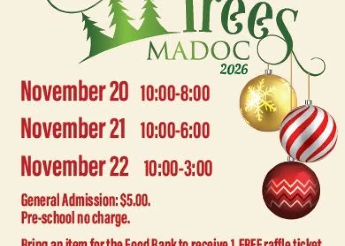 Beige background, gold ribbon bow and greenery on bottom, festival of trees logo in green at top with three ornaments hanging off, event details in red text 