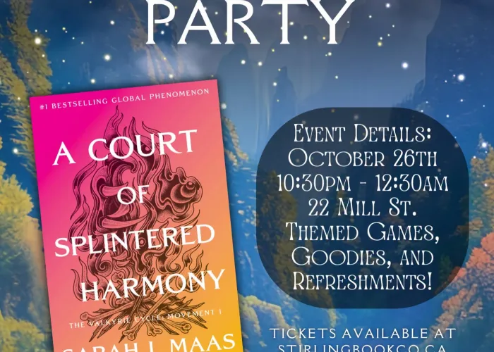 Background of lake, trees, mountains, misty stars, foreground image of book, venue logo, event details